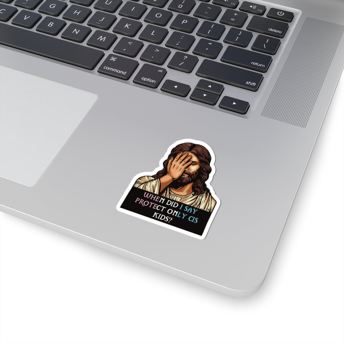 Protect All Kids – Facepalm Jesus (Trans Flag Edition) Sticker
