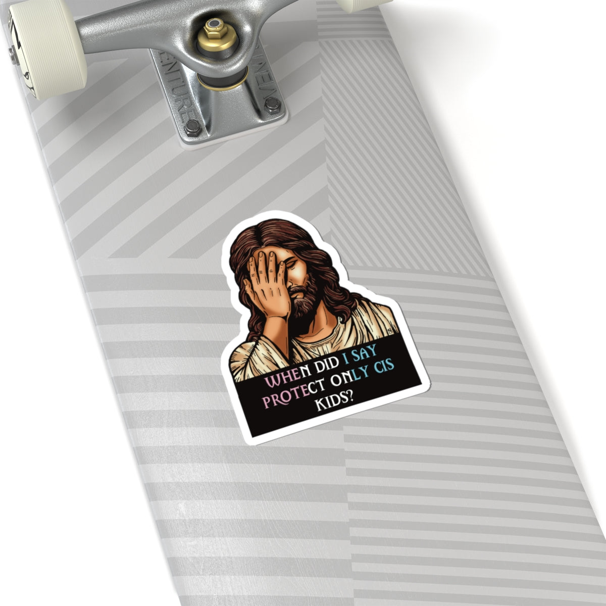 Protect All Kids – Facepalm Jesus (Trans Flag Edition) Sticker